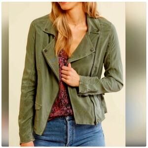 Anthro Marrakech Marlo Linen Moto Jacket Dark Green Gray XL Grunge Classic Boho